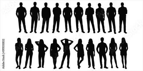 Black Silhouettes Of Standing Men And Women In Various Poses On A White Background people woman