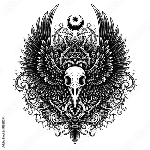 Gothic Raven Skull with Elaborate Wings and Ornate Filigree