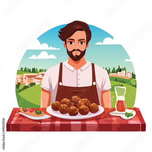 Chef presenting meatballs and food on a table outdoors