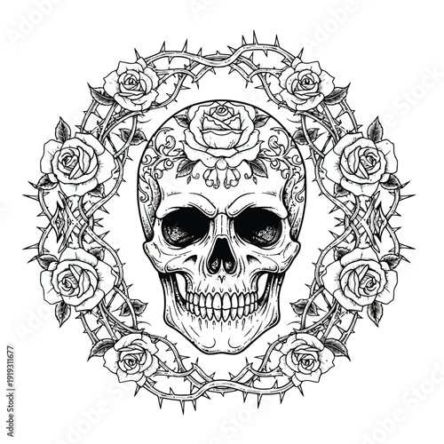 Skull Surrounded by Roses and Thorns wreath circular