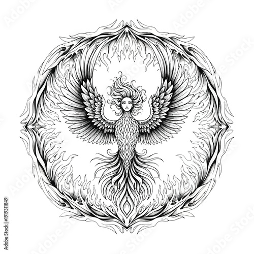 Woman-like phoenix with fiery wings in a circular frame