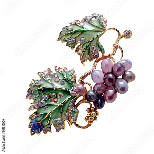 Elegant grape and leaf brooch with colorful gemstones