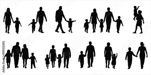 Collection of family silhouettes walking and holding hands on white background Keywords: family silhouette, parents, children