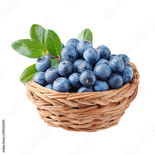 Fresh blueberries in a woven basket on a transparent background