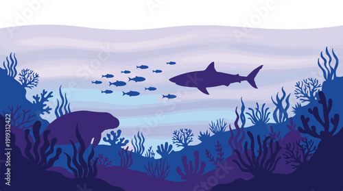 Underwater ocean scene with diverse marine life, shark, manatee, and coral reef