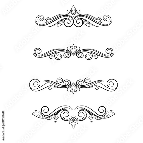 Set of four black ornamental swirl designs with leaves and flowers