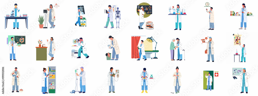 Εκτύπωση καμβά Healthcare professionals at work: doctors, nurses, and scientists providing medical care, conducting research, and managing hospital operations