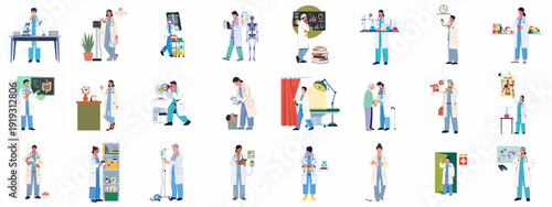Healthcare professionals at work: doctors, nurses, and scientists providing medical care, conducting research, and managing hospital operations.
