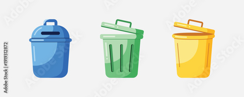A colorful set of trash cans in blue, green, and yellow, available as an editable vector file for customization