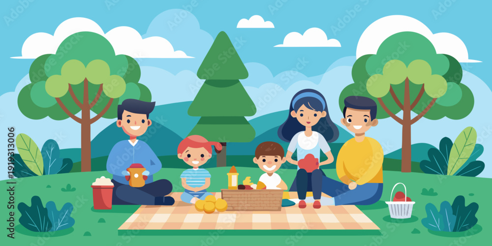 Fototapeta premium Happy family picnic flat design vector illustration, parents and children sitting on blanket in park, green trees and blue sky background, simple geometric shapes.