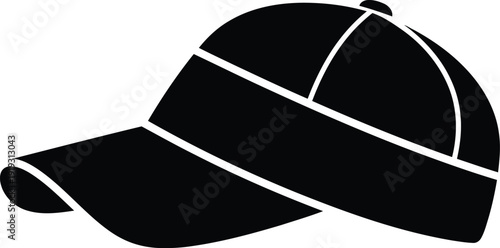 A simple black silhouette icon of a baseball cap with a curved brim, isolated on a white background