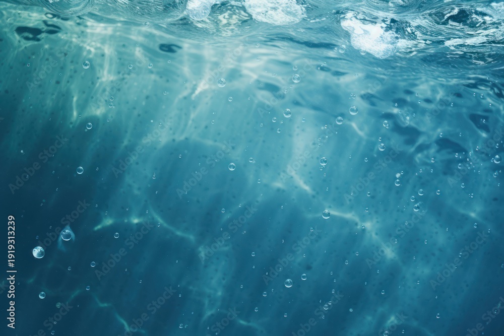 Obraz premium Blue water creating an abstract background with sunlight reflections, bubbles rising from below