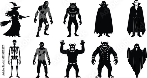 Halloween silhouettes, witch, zombie, werewolf, vampire, skeleton, ghost, horned monster, spooky characters, horror theme, creepy costumes, flavector