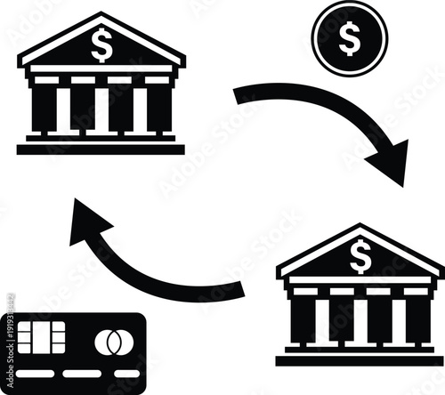 Bank transfer icon. Interbank money transfer sign. Transaction between two bank buildings with dollar and credit card symbol. flat style.