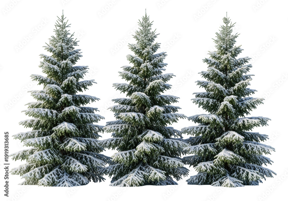 Obraz premium three majestic deep green spruce trees heavily coated with transparent snow, standing on fresh snow against a solid transparent background, rendered in crisp winter daylight. concept of pristine