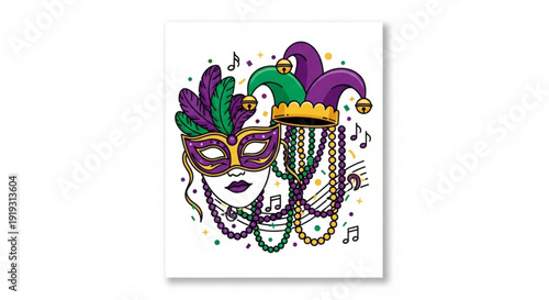 A colorful Mardi Gras mask illustration with beads and musical notes