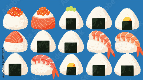 Comprehensive grid of various onigiri rice balls featuring different toppings like shrimp, salmon, roe, and seaweed on a blue background.
