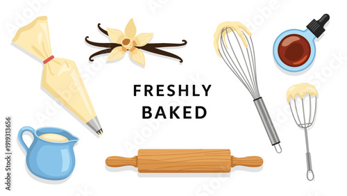 Collection of baking essentials including a rolling pin, whisk, piping bag, vanilla flower, and extract surrounding the words freshly baked.