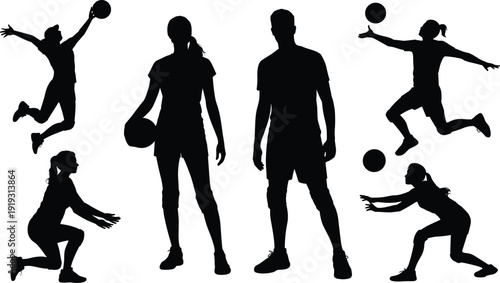 Collection of six black silhouettes of people playing volleyball on a white background Keywords: volleyball, silhouette, people