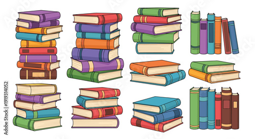 Colorful library book stacks for education and learning