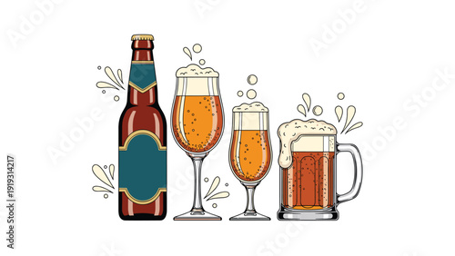 Detailed illustration of a brown beer bottle alongside three different glasses filled with foaming golden beer and splashes.