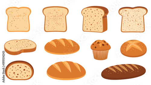 Comprehensive collection of various bread types including sliced loaves, buns, muffins, and crusty baguettes on a plain white background.