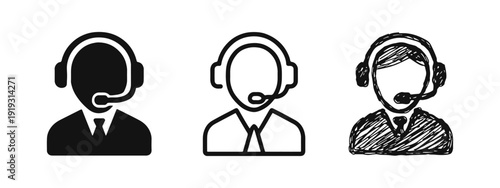 Hand drawn customer support icons. Doodle style call center and helpdesk agent symbols with headset.