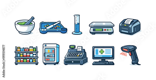 Pharmacy, laboratory and retail equipment icon set. Flat style for healthcare and shopping