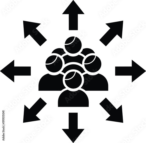 Teamwork distribution silhouette, arrows outward communication, group outreach vector illustration, influence spread artwork design, collaboration concept scene, resource dissemination, flavector