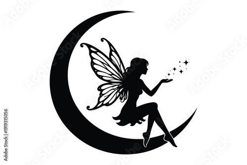silhouette of a fairy with wings sitting on a crescent moon,casting stars