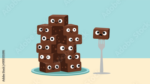 Whimsical illustration of a stack of brownies with cute faces while one brownie is being lifted on a fork with a surprised expression.