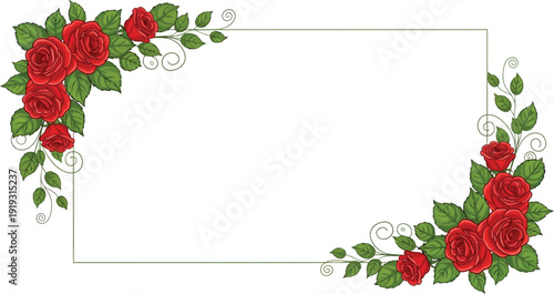 Red roses and green leaves beautifully frame a blank rectangular space for.