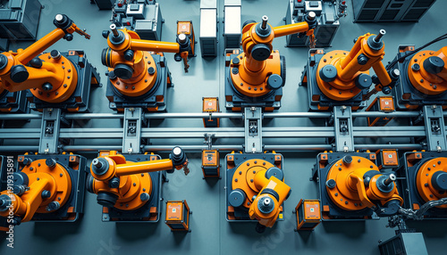 Industrial automation with robotic arms and machinery in factory setting. Advanced robotic arms complete tasks on assembly line, showcasing high-tech manufacturing process.