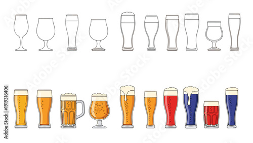 Comparison guide showing a variety of empty beer glass silhouettes above filled glasses with different beer types and colors.