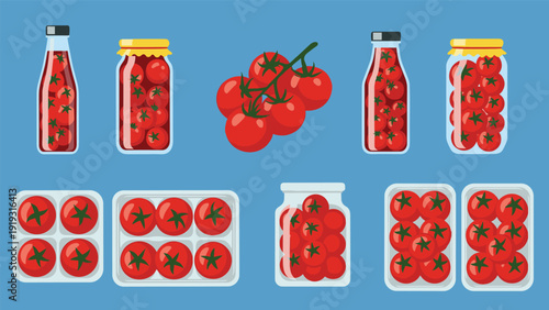 Detailed collection of tomatoes presented in various forms such as on the vine, in jars, bottles, and plastic packaging trays.