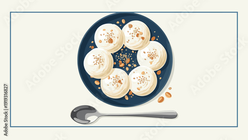 Plate of sweet mochi or ice cream scoops topped with nuts and honey served on a dark blue plate with a spoon on light background.