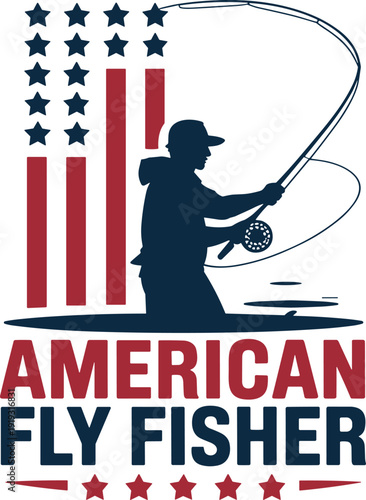 American fly fisher silhouette with fishing rod and USA flag elements, patriotic outdoor sport flat vector illustration for apparel, logo, poster