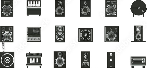 A collection of various electronic audio devices, presented as minimalistic black and white icons