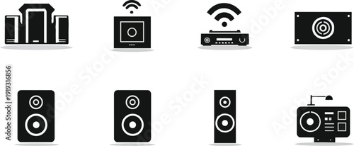 Set of black and white icons representing audio equipment, including speakers and a wireless router