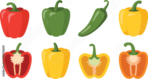 Colorful bell pepper flat vector illustration set with red, green and yellow sweet peppers whole and sliced for food and cooking design