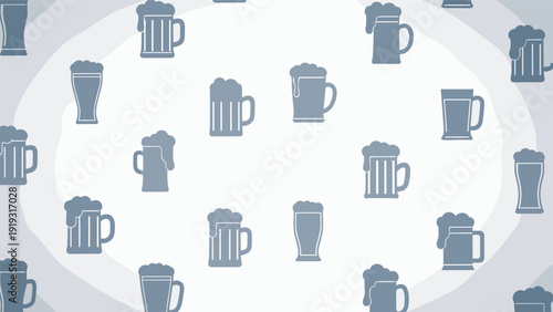 Silhouettes of beer mugs and glasses with foam arranged in a pattern on a light gray background for brewery and pub branding.