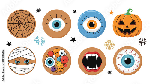 Spooky halloween badge collection with mummy eyeball vampire mouth spider web and pumpkin icons on a white background for parties.