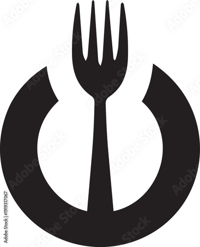 Minimalist black and white design with a fork inside a circular form on a plain white backdrop