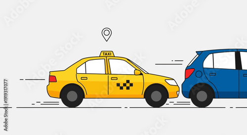 Bright yellow taxi car with location pin symbol above and blue car behind, illustrating urban transport services