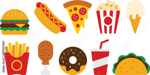 Colorful fast food flat vector icon set with burger, hot dog, pizza, fries, popcorn, ice cream and soft drink for menu design