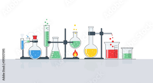 Colorful chemical laboratory setup with flasks and beakers, showcasing scientific experimentation and research
