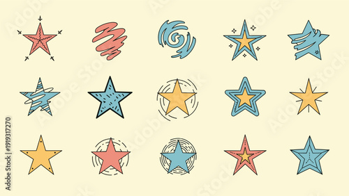 Comprehensive set of diverse hand-drawn star shapes and abstract swirling icons in muted colors over a soft cream-colored background.