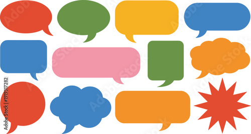 Colorful flat vector speech bubble shapes set with chat balloons, dialog clouds and message icons for communication, social media and web design