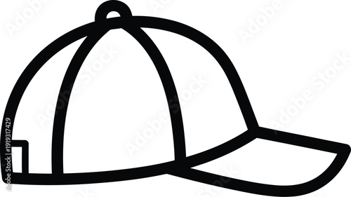 A simple line art illustration of a baseball cap shown in profile view against a white background