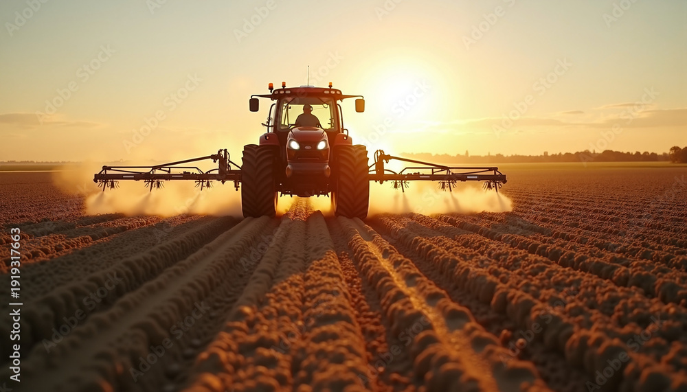 Fototapeta premium Agricultural tractor working in field at sunset with dust clouds and sun setting in the background, preparing soil for planting. Agricultural tractor symbolizes modern farming methods for industry.